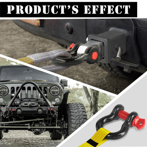 Two Pack 1/2 Inch D Ring Shackles With 5/8 Inch Screw Pins For Tow Straps, Winches, And Off Road Recovery, Heavy Duty Steel, Black And Red in use on vehicle
