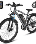 26 Inch Commuter Electric Bike For Adults With 5 Level Pedal Assist And 7 Speed Gears, Top Speed 25 MPH, 720W Motor, 375Wh Battery, 50 Mile Range, Lockable Suspension Fork, Lightweight City Cruiser Ebike, front view with display and cable lock