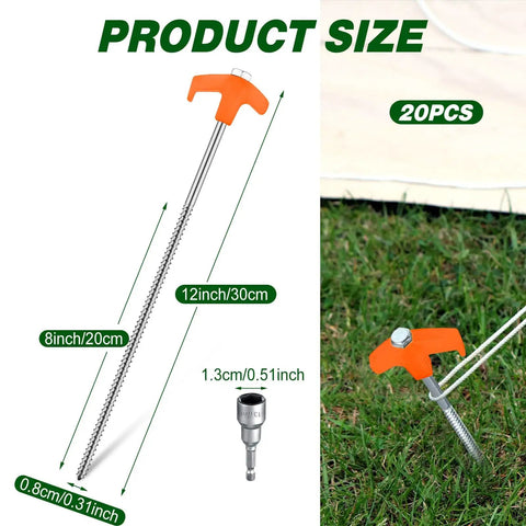 20 Pcs 12 Inch Tent Stakes Screw In Heavy Duty Ground Anchors With Hex Head Driver for Camping Garden Inflatables