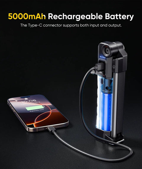 Magnetic 1500 Lumen Rechargeable Work Light With 5000mAh Battery, 4 Modes And UV 395nm charging a phone via USB-C.