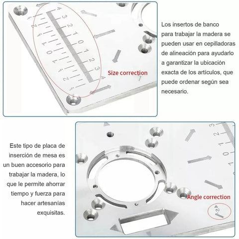 Heavy Duty Aluminum Router Table Insert Plate With Hella Precise Depth Marks And Four Caliber Sizes for woodworking with size and angle correction.
