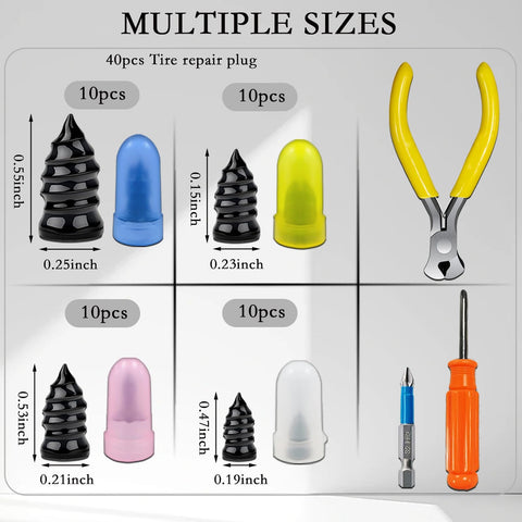 DIY Tire Repair Nails Kit with 80 rubber nails in 4 sizes, screw-in plugs, and handy tools for quick self-service fixes on cars.