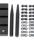 Pocket Chainsaw Repair Kit With 3 Piece Breaker Set And 10 Pro Grade 0.325 Inch Chain Joiners Link Repair Presets Straps And Mending Tools For Quick Outdoor Trail Fixes And Field Repairs displayed with breaker set and strips.