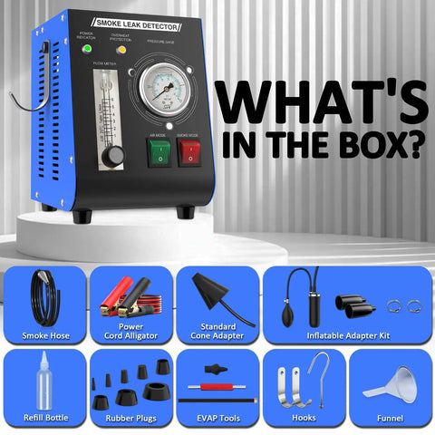 EVAP Smoke Machine Leak Tester With Built In Air Pump And Pressure Gauge Flow Meter Dual Mode Automotive Leak Detector For All 12V Cars And Motorcycles Detects Evap System Intake Crankcase Vacuum Turbo EGR And Exhaust Leaks. Smoke leak detector with hose, adapters, plugs and refill bottle.