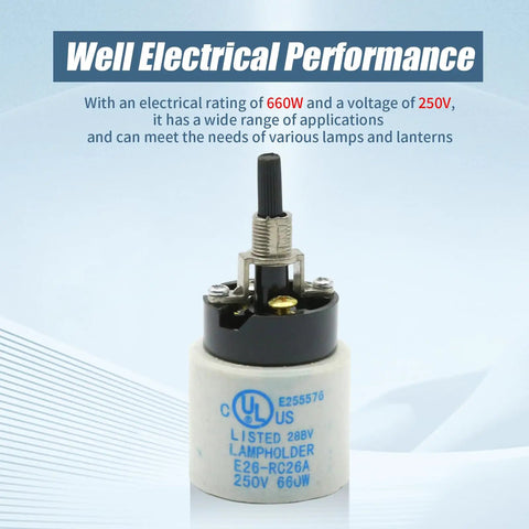 Rotary Lamp Switch Replacement With Socket Holder For E26 E27 Porcelain Light Socket And Switch 660W 250V UL Listed Safe Fit For Quick Plug And Play In Most Lamps And Fixtures, close-up