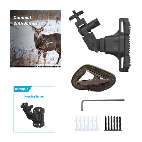 Trail Camera Mounting Bracket With 1/4-20 Threaded Insert 360 Degree Rotating Adjustable Holder, strap, screws, and Allen wrench.