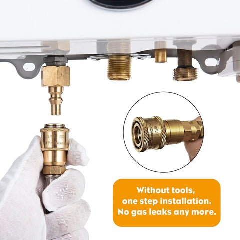 Hand connecting fitting on Camping Ready Portable Propane Tankless Water Heater On The Go Outdoor Use 1.58 GPM 6L