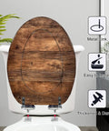 Generic Replacement Elongated Resin Toilet Seat for Home Use with wood finish, adjustable metal hinges, easy to install.