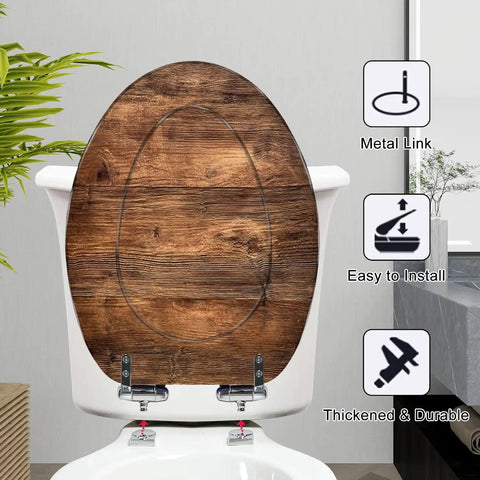 Generic Replacement Elongated Resin Toilet Seat for Home Use with wood finish, adjustable metal hinges, easy to install.