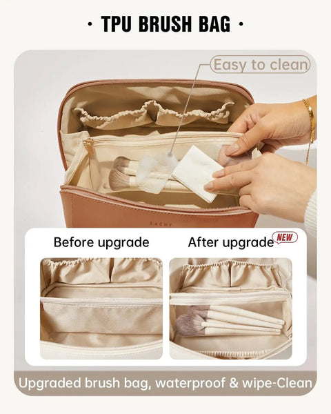 Travel Makeup Bag For Women With Large Capacity, Waterproof Cosmetic Pouch, Open Flat, Easy to Clean, with divider and handle