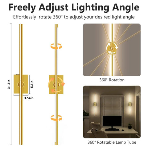 Top Shelf Gold Rechargeable Wall Sconces Pair Wireless Battery Powered LED Wall Light Removable 10000 Mah Power Base For Hallway Or Bedroom Zero Wiring Needed To Really Step Up Your Room Game, showing adjustable 360° lamp tube.