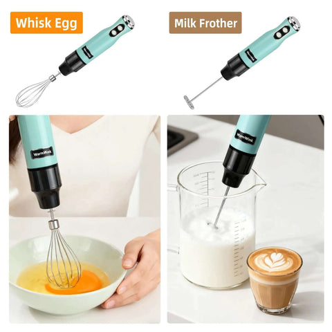 600W 4-In-1 Corded Immersion Blender Handheld Kitchen Mixer With Stainless Steel Attachments Compact Stick Blender For Smoothies Soups And More in use for whisking eggs and frothing milk.