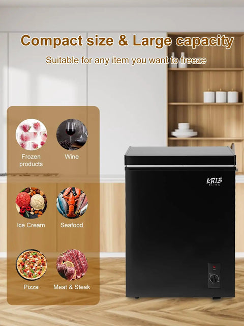 Dead Silent 3.5 Cubic Foot Mini Chest Freezer Compact Top Loading Deep Freeze Storage Black in kitchen with food options.