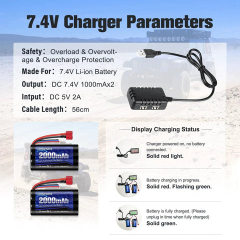2S 7.4V 2000mAh Li Ion RC Battery With Dean Style T Plug For WLtoys 4WD, includes USB charger and charging status display