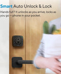 Rock Solid Fingerprint Wifi Smart Lock With Apple Home Integration on wooden door, featuring auto unlock for keyless entry.