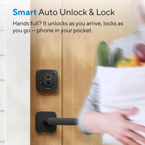 Rock Solid Fingerprint Wifi Smart Lock With Apple Home Integration on wooden door, featuring auto unlock for keyless entry.
