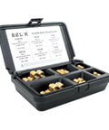 Hardwood Threaded Insert Assortment Kit With Brass Inserts 6-32 To 3/8-16 For Wood Repair And Fastening, open case