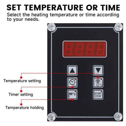 Front view of a Mxmoonfree bearing induction heater control panel with red digital display and temperature/time buttons