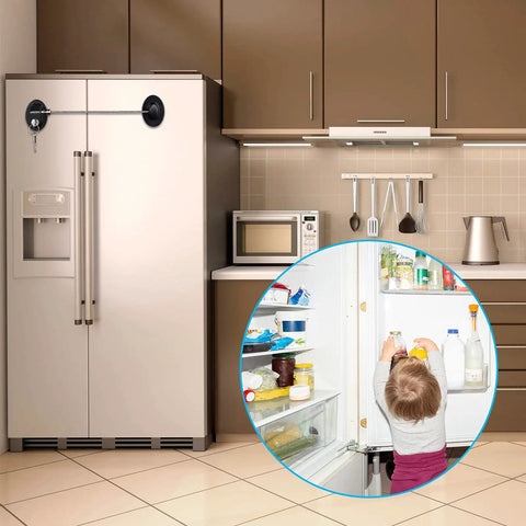 Heavy Duty Four Pack Slide Bolt Locks For Fridge And Cupboards With Backup Keys keep toddlers from accessing a fridge.