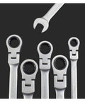 7 Piece Flexible Head Ratcheting Wrench Set With 8 mm 10 mm 12 mm 13 mm 14 mm 17 mm 19 mm Hand Tools on black background.