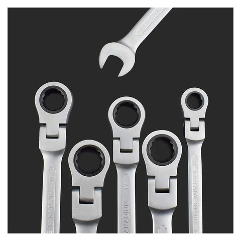 7 Piece Flexible Head Ratcheting Wrench Set With 8 mm 10 mm 12 mm 13 mm 14 mm 17 mm 19 mm Hand Tools on black background.