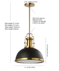 Modern Industrial 13 Inch Black And Brass Gold LED Dome Pendant Light with adjustable hanging fixture diagram.