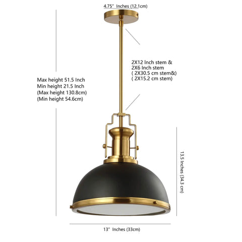 Modern Industrial 13 Inch Black And Brass Gold LED Dome Pendant Light with adjustable hanging fixture diagram.