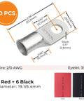 Beefy Heavy Duty Battery Cable Ends Kit With Ten Ring Terminal Connectors For Two Zero AWG And Three Eighth Inch Stud Plus Twelve Black