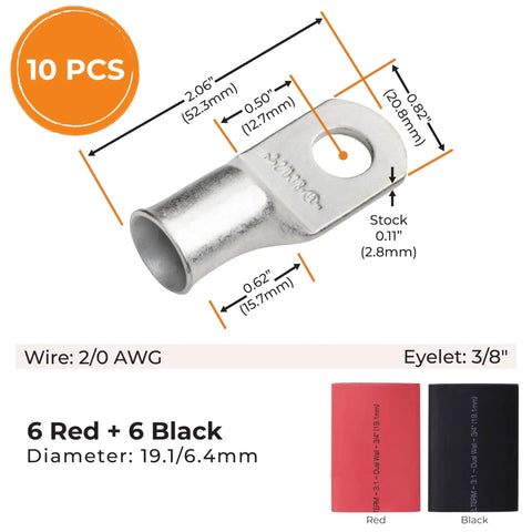 Beefy Heavy Duty Battery Cable Ends Kit With Ten Ring Terminal Connectors For Two Zero AWG And Three Eighth Inch Stud Plus Twelve Black