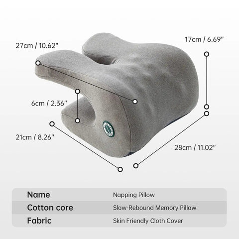 Ergonomic Memory Foam Neck Pillow For Office Chair Headrest And Car Seats Ultra Comfy Desk Pillow with dimensions and labels