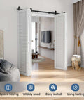 Heavy Duty Bifold Sliding Barn Door Hardware Track Kit With Hassle Free Mount And Silky Smooth Glide, Sweet Solution For Cramped Spaces, Black Supports Four Doors in a modern living room decor.