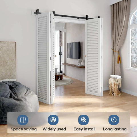 Heavy Duty Bifold Sliding Barn Door Hardware Track Kit With Hassle Free Mount And Silky Smooth Glide, Sweet Solution For Cramped Spaces, Black Supports Four Doors in a modern living room decor.