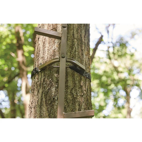 Close-up of 20 Ft Rapid Climbing Sticks For Tree Stands And Hunting, 4 Pack Of 5 Ft Sections, attached to tree, showing secure strap.