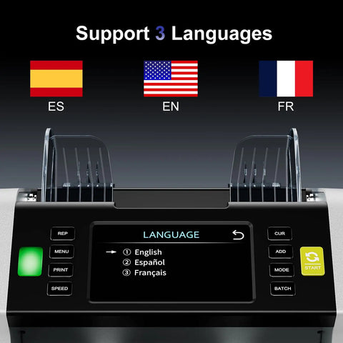 Mixed Denomination Money Counter With Supports 120 Currency Programs and Touch Screen, language display in English, Spanish, French