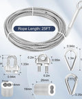 Rugged 3/16 Inch Stainless Steel Cable 25 Ft Kit With Wire Rope Clip Thimble And Aluminum Crimp Sleeve 7x19 Aircraft Cable