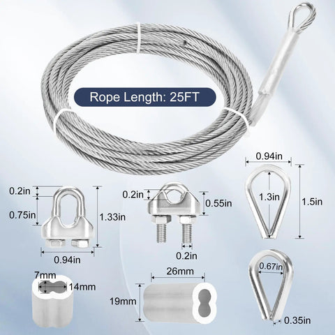 Rugged 3/16 Inch Stainless Steel Cable 25 Ft Kit With Wire Rope Clip Thimble And Aluminum Crimp Sleeve 7x19 Aircraft Cable
