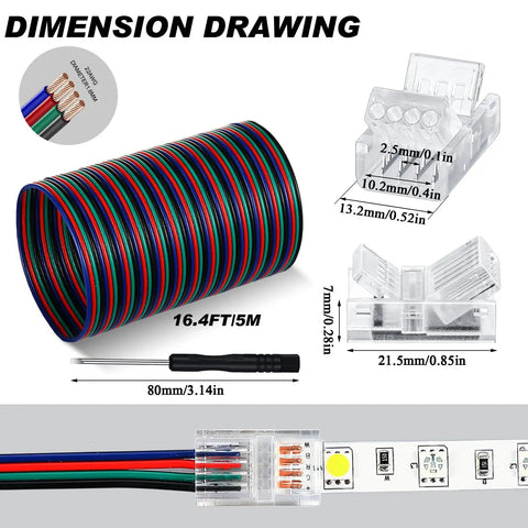 Dimension drawing of 10 Pack 4 Pin 10mm Solderless LED Strip Light Connectors and 16.4 Ft Conductor Extension Cable with Screwdriver
