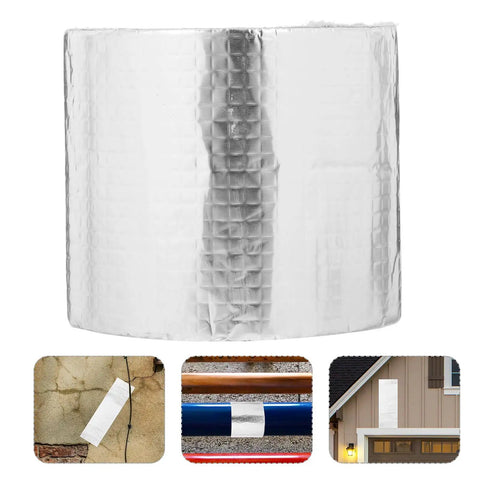Heavy Duty Waterproof Butyl Tape 10cm By 5m Self Adhesive Aluminum Foil Sealant Tape shown in roll and applied on surfaces for repairs