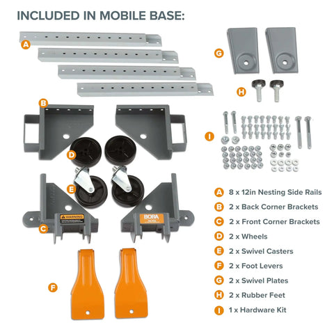 Heavy Duty Universal Mobile Tool Base With Swivel Casters parts including rails, brackets, wheels, and hardware kit layout