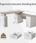 L Shaped Electric Standing Desk With Light Walnut Finish Built In File Cabinet And Spacious Shelving Height Adjustable Ergonomic Corner Workstation dimensions and features.