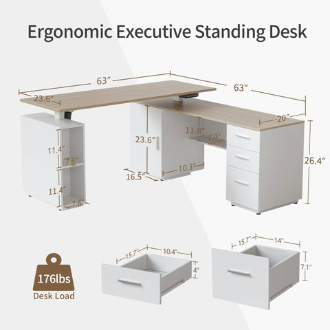 L Shaped Electric Standing Desk With Light Walnut Finish Built In File Cabinet And Spacious Shelving Height Adjustable Ergonomic Corner Workstation dimensions and features.