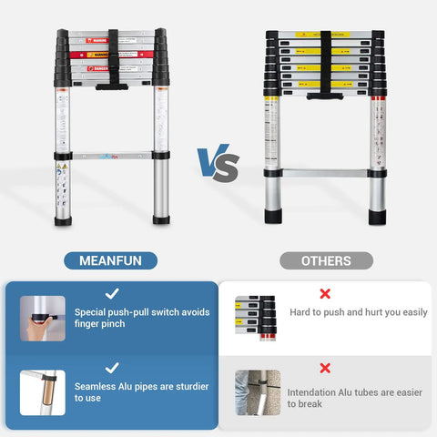 Comparison of two telescoping ladders highlighting push-pull switch and aluminum pipe differences for ease of use and durability.