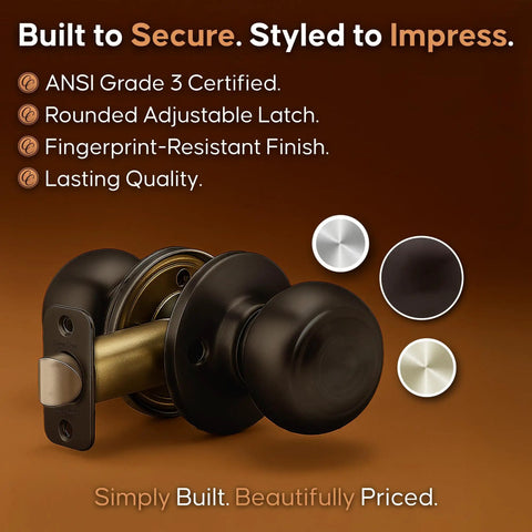 Colonial Style Tuscan Bronze Passage Interior Door Knob, ANSI Grade 3 Certified Heavy Duty Handle, finger-resistant finish