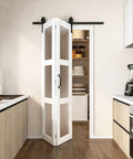32 By 84 Inches Sliding Bifold Barn Door With Clear Glass Top Shelf Space Saving Interior Panel For Tight Spaces Bedroom Pantry Laundry Smooth Operator in a kitchen setting.
