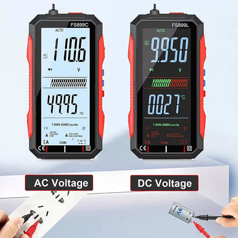 Upgraded FS899L Digital Multimeter With USB Rechargeable Power measuring AC and DC voltage, smart auto display shown.