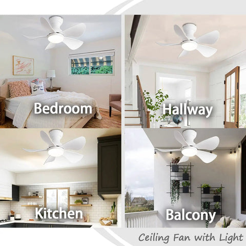Tiny Ceiling Fan With Lights And Remote in bedroom, hallway, kitchen, and balcony settings, showing versatility and white finish.