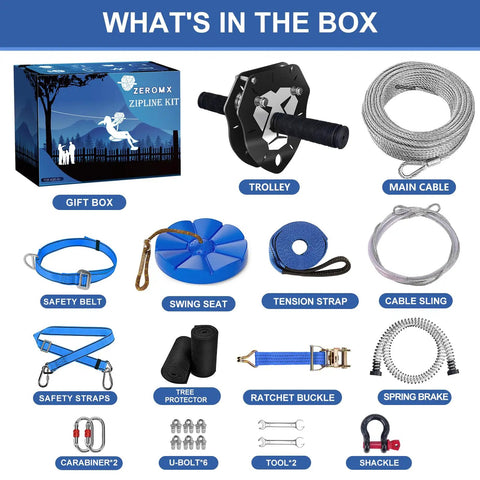 Contents of Backyard Zip Line Kit 120Ft And 150Ft For Kids And Grownups Up To 380 Lbs With Removable Lion Trolley Six And A Half Foot Spring Brake Upgraded Ratchet System Safety Harness Tree Protectors And Seat Outdoor Backyard Zipline Set displayed.