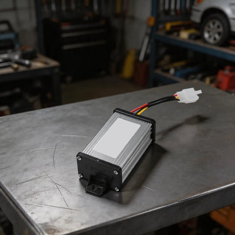 Heavy Duty DC Voltage Step Down Converter Swaps 36V Or 72V Straight To 12V Pulling 120 Watts And Ten Amps For Trucks Boats And Trailers on metal table.