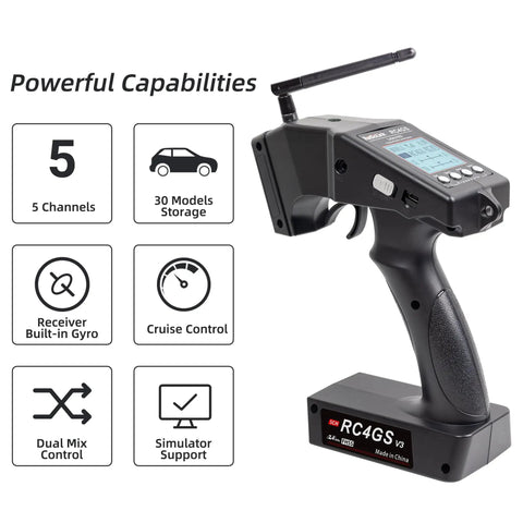 5 Channel 2.4GHz RC Transmitter And Receiver Combo With Gyro Stabilization for surface vehicles, shown with features list