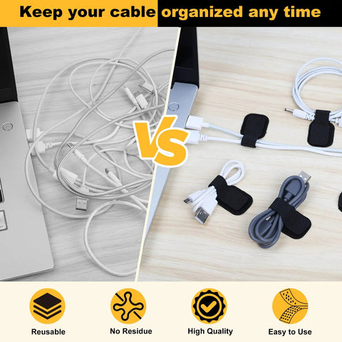 Comparison of tangled cables vs organized cables using Heavy Duty Self Adhesive Cable Straps With Strong Sticky Backing Reusable Hook And Loop Ties